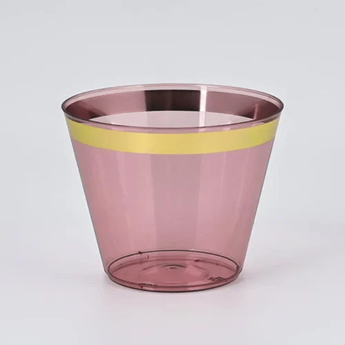 9oz Gold Rim Pink Plastic Cups 1 9oz Gold Rim Pink Plastic Cups 1