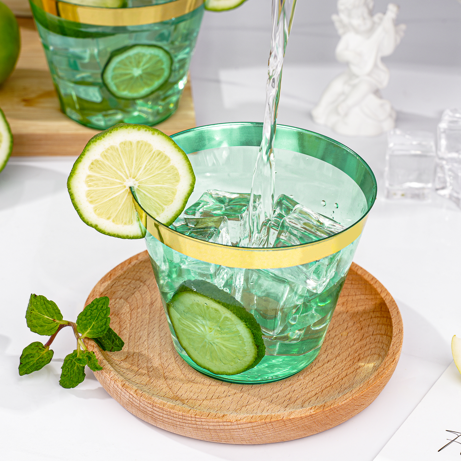 clear green plastic cups scene