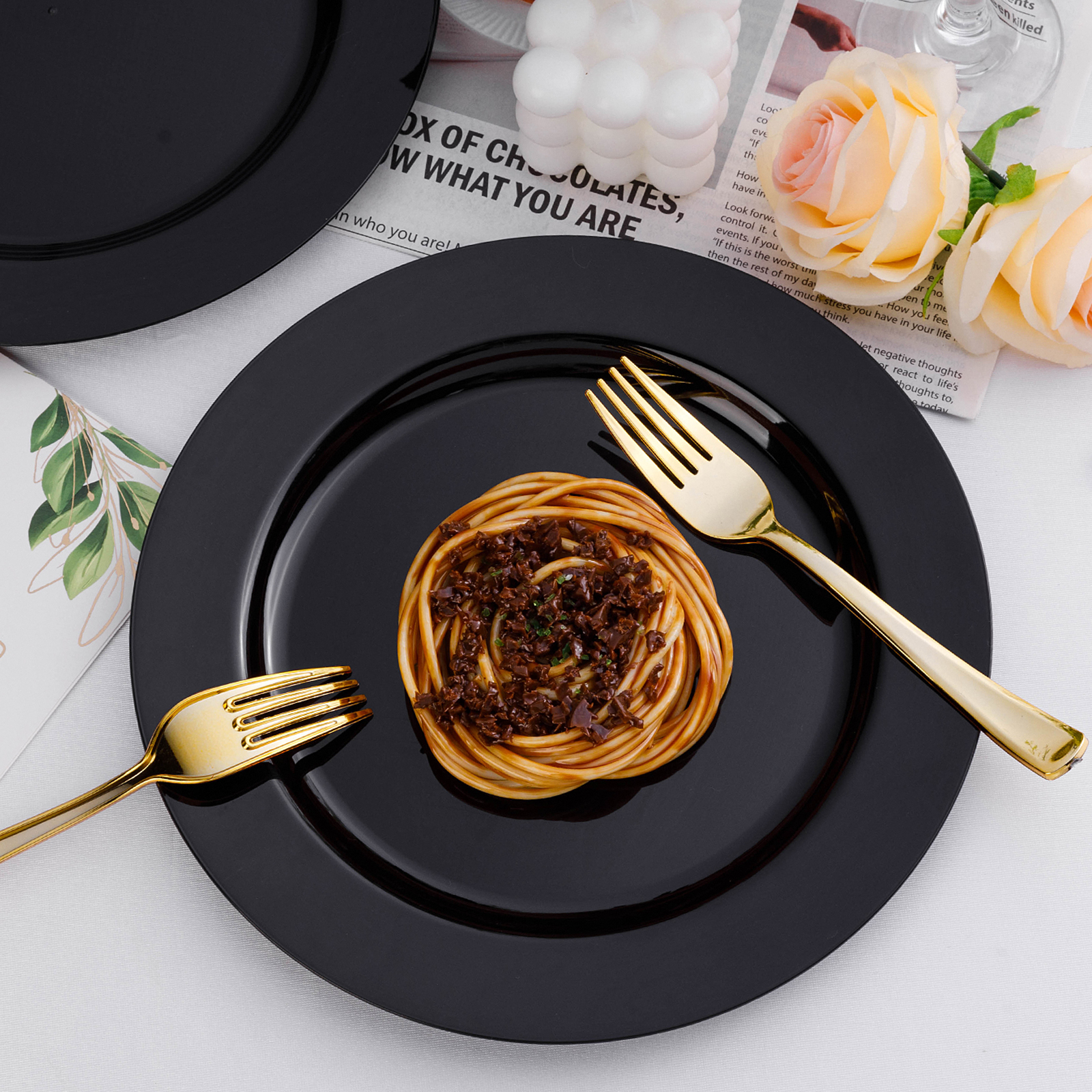 black plastic dinner plates