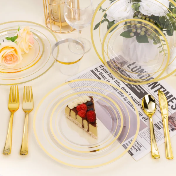 clear plastic plates with gold rim