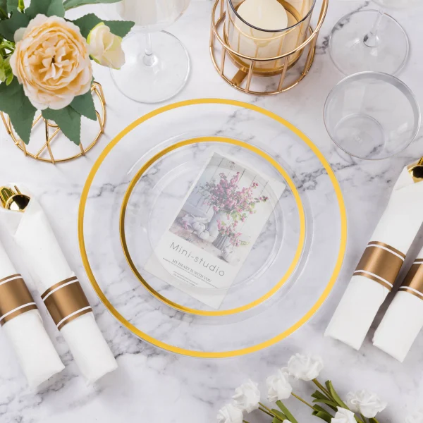 clear plastic plates with gold trim scene