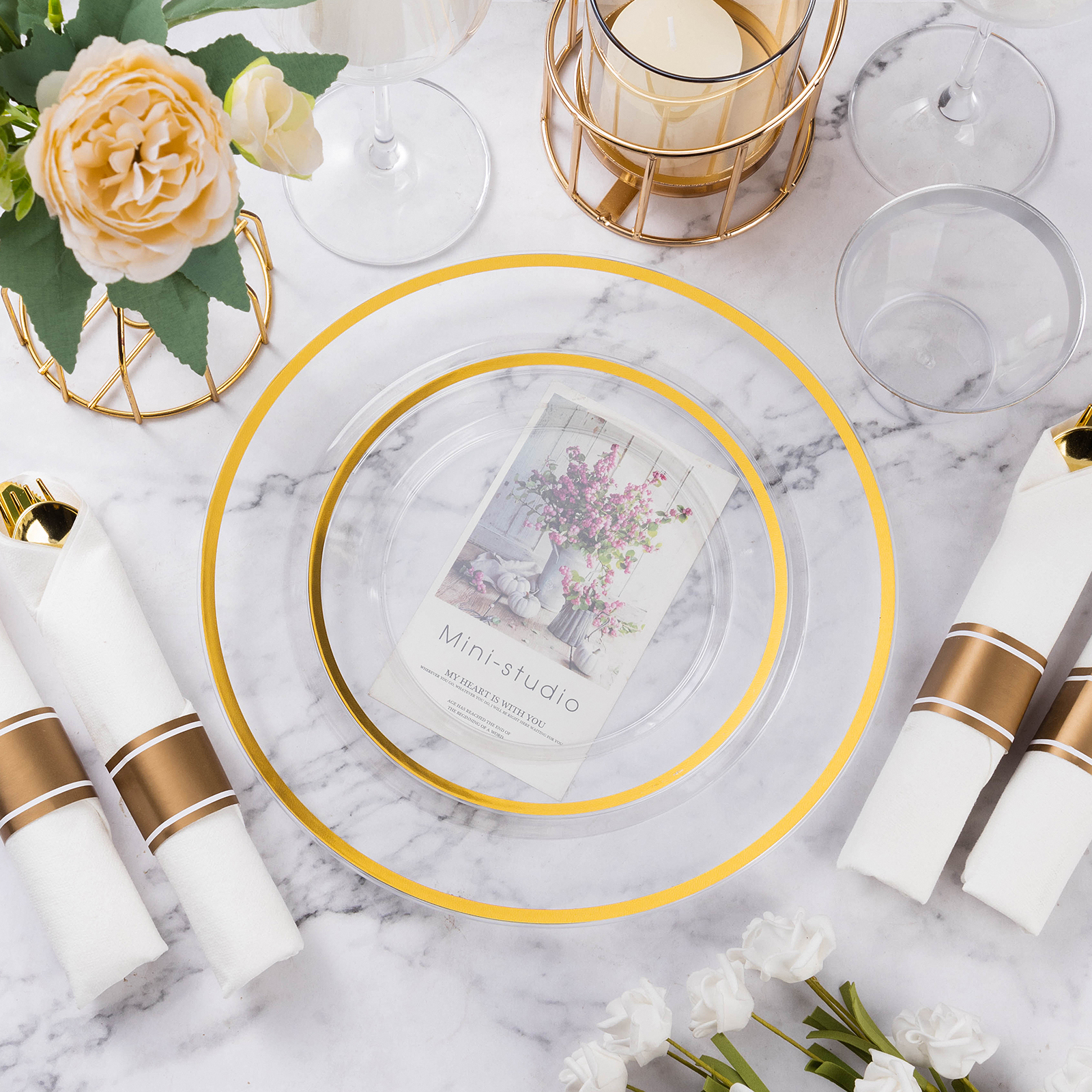clear plastic plates with gold trim scene