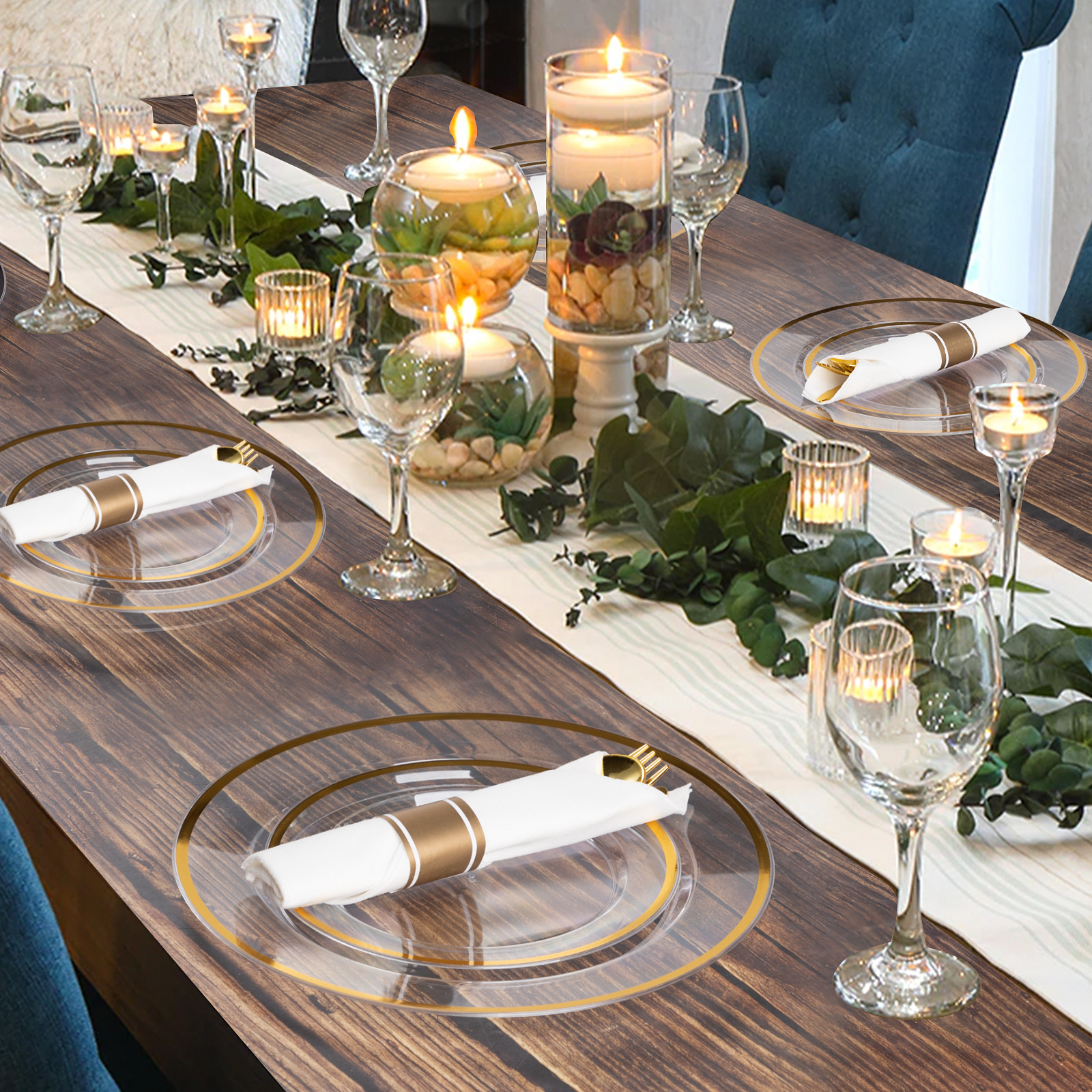 clear plastic plates with gold trim set