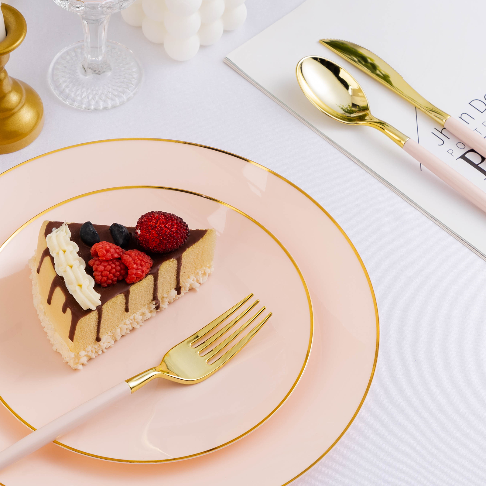 pink and gold plastic plates