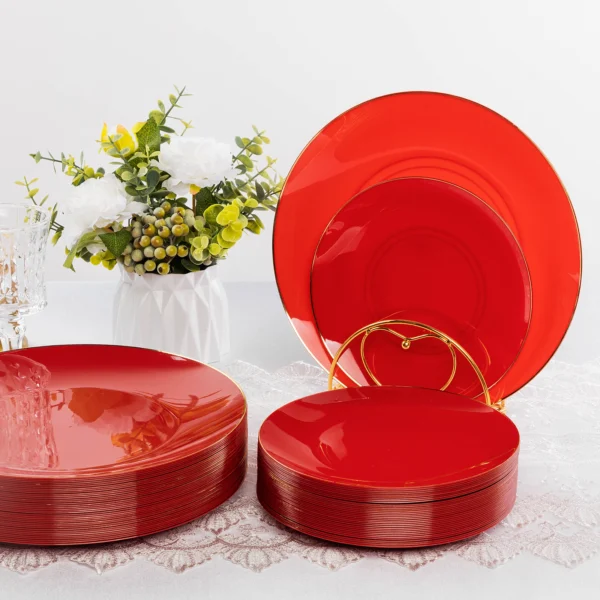 red plastic plates disposable set